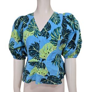 Draper James Sz 2 Tropical Palm Leaf Top Linen Peplum Short Puff Sleeves V Back
